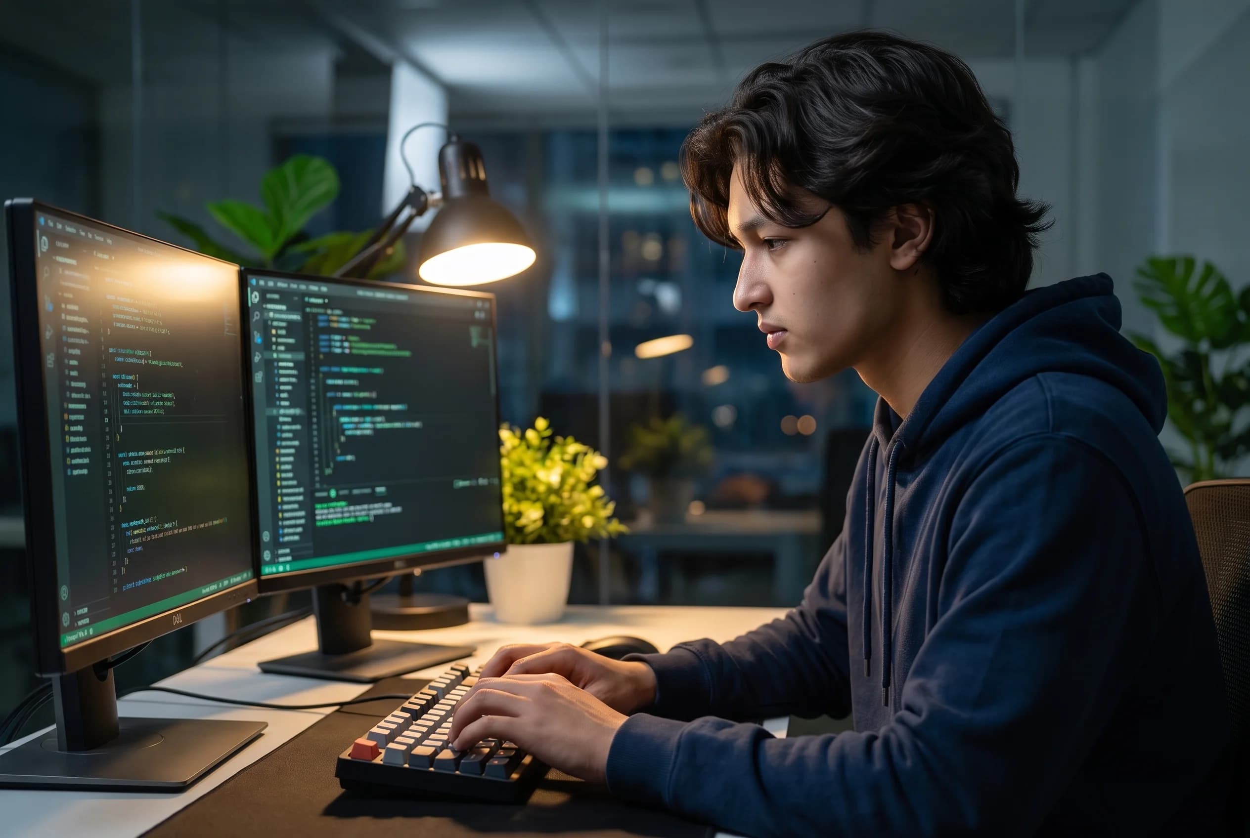Sesión de trabajo nocturna, dos monitores, editor de código abierto