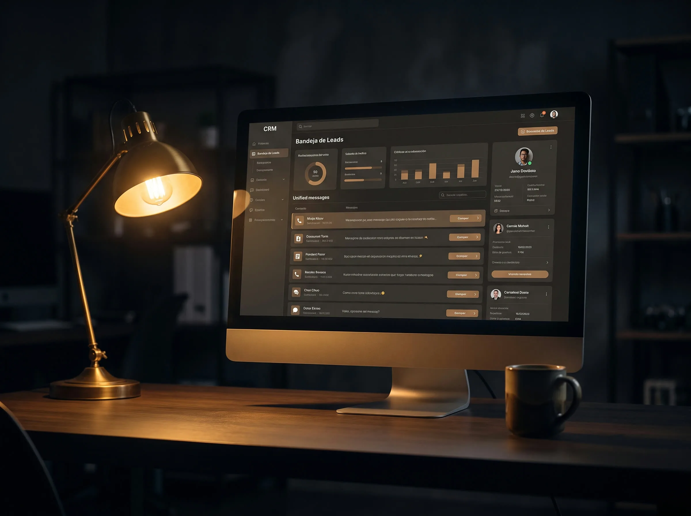 Monitor en un escritorio oscuro mostrando un panel de CRM con íconos de llamada, formulario y mensaje