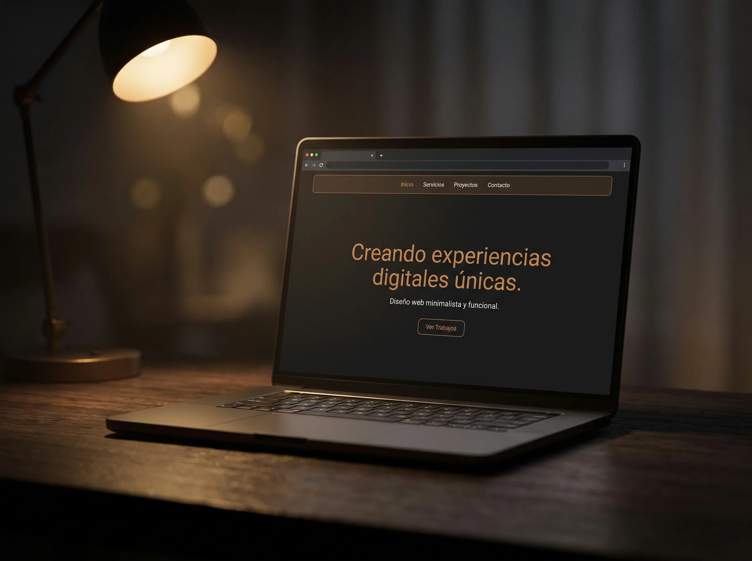 Laptop en un escritorio oscuro mostrando la maqueta de una página de inicio, iluminado por una lámpara de escritorio